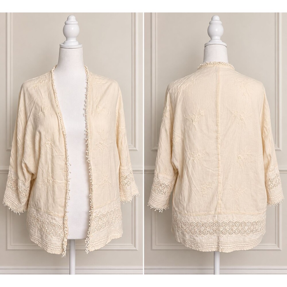 AMERICAN EAGLE - Kimono Style Cover-Up Beige Lace Trim Boho 100% Cotton Sz. XS/S
